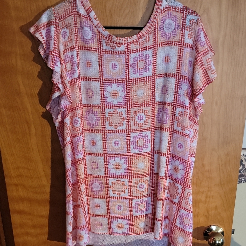 Floral Checkered Women's Blouse - Red and Pink
